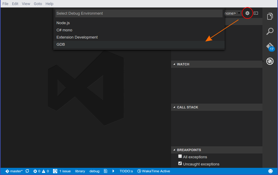 Image with red circle around a cog and an orange arrow pointing at GDB